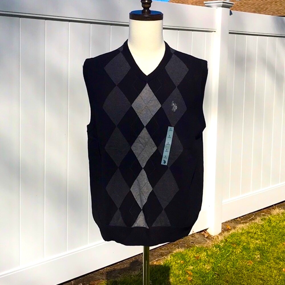 NWT U.S. Polo Assn. 100% Cotton Black and Gray V-Neck Vest Size Large